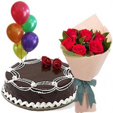 Fresh-Baked 1 Kg Chocolate Cake with 6 Red Roses and 5 Balloons